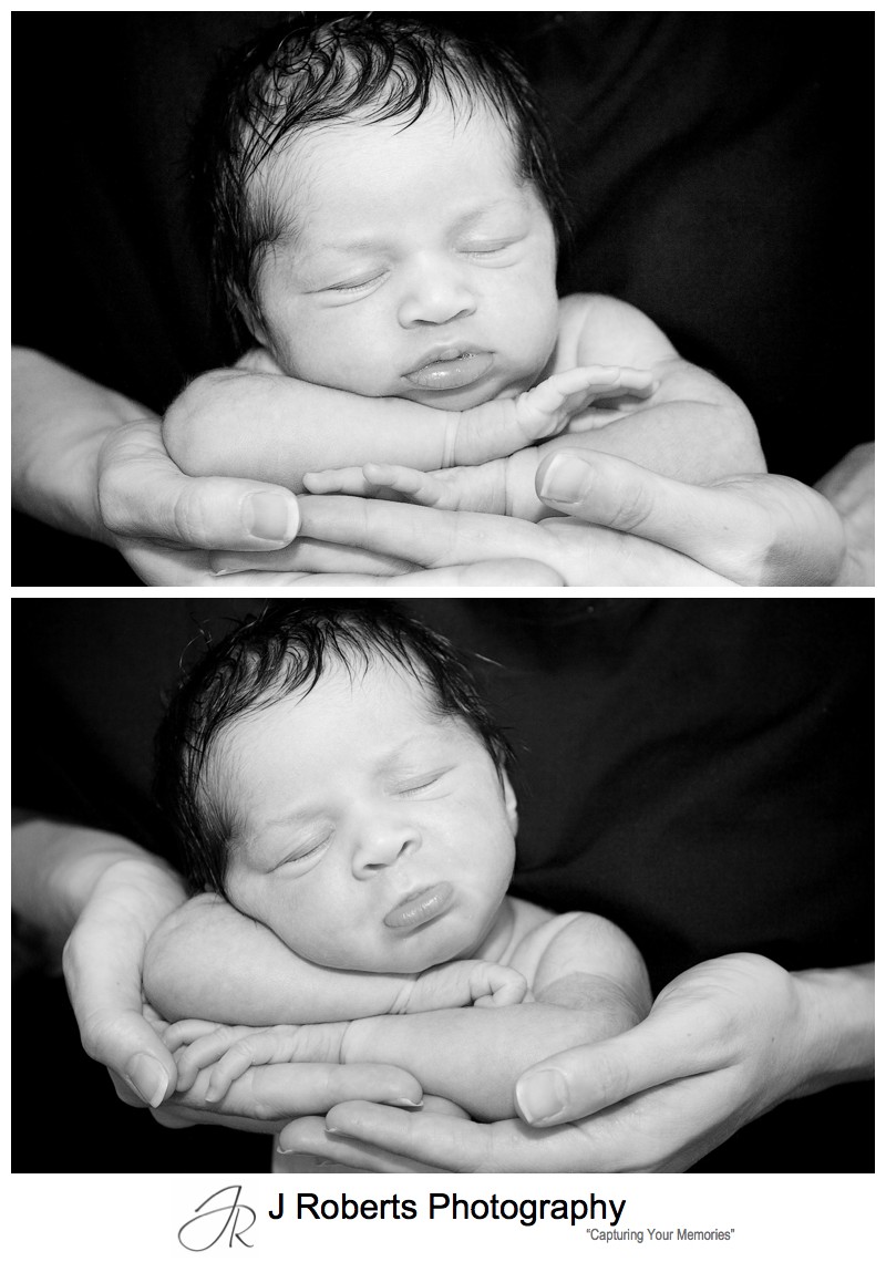 Black and White portraits of a newborn baby leaning chin on mothers hands - newborn baby portraits sydney